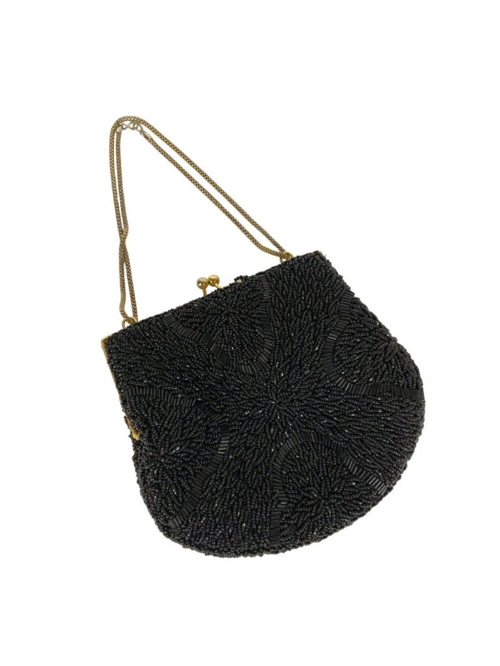 La Regale Vintage Black Beaded Evening Bag With Gold Chain Strap